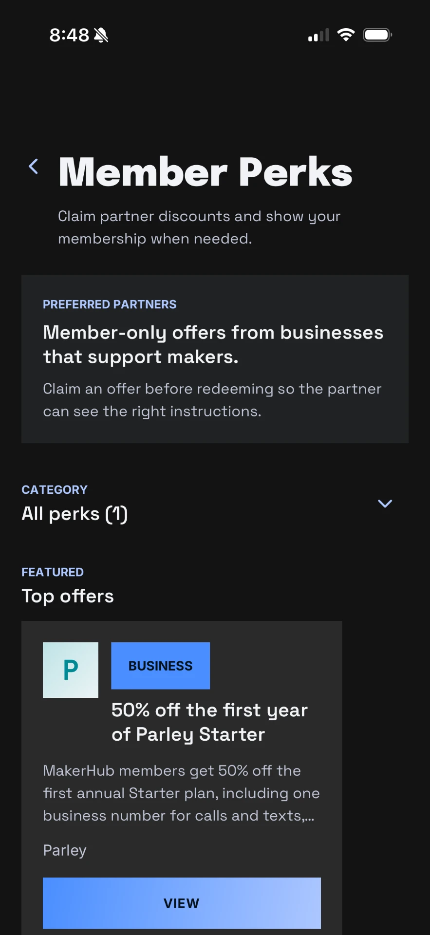 Member Perks screen in the Maker Hub YYC app showing a featured partner offer