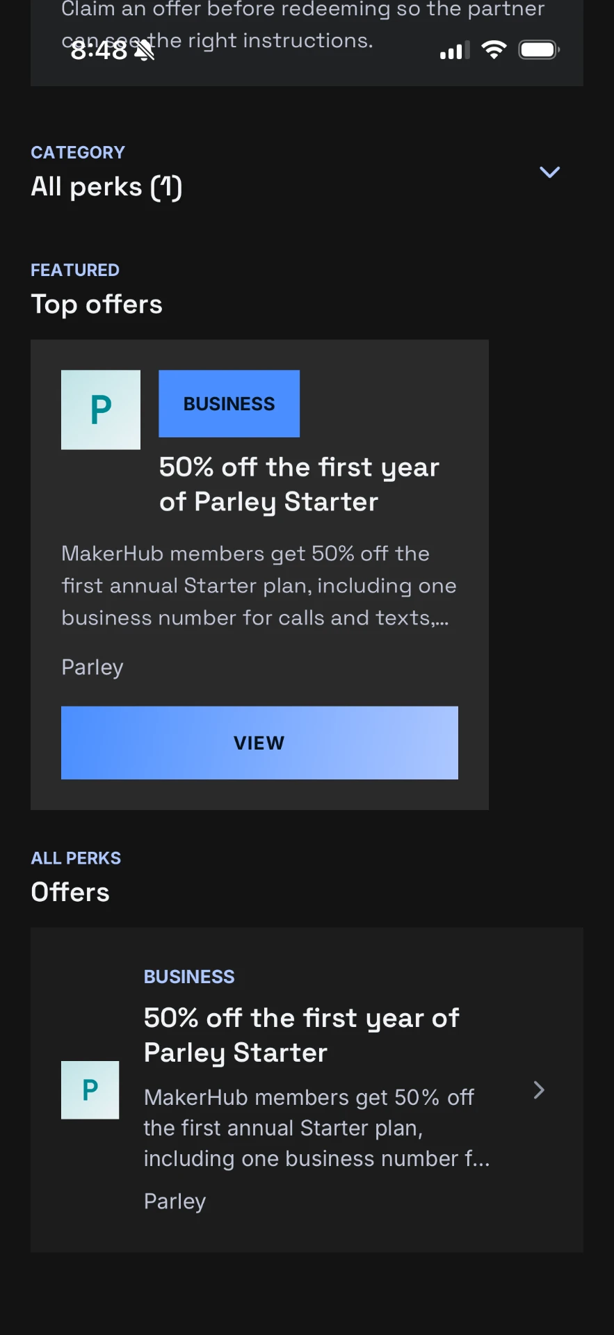 Member Perks screen showing the full list of partner offers