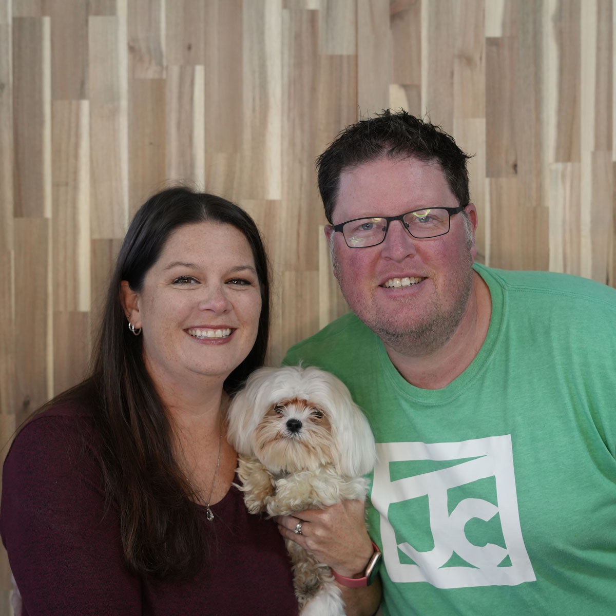 Joie and Jason, founders of JC², with their dog Rocket